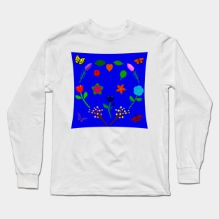 Scattered Flowers and Butterflies, blue background Long Sleeve T-Shirt